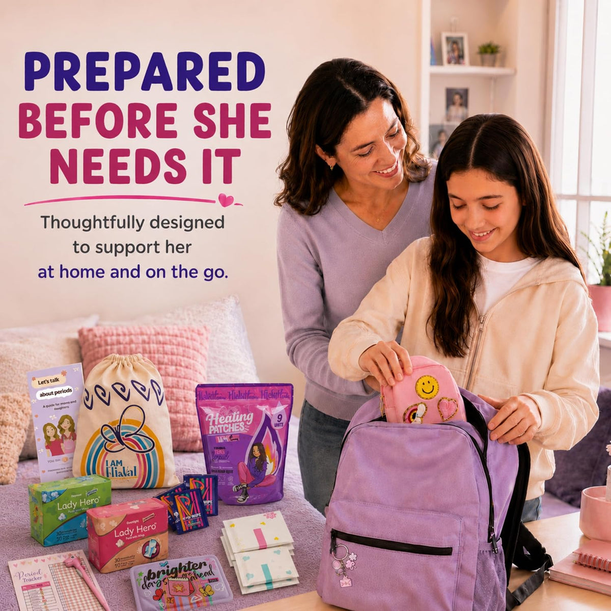 Tween menstrual care kit with alcohol-free wipes