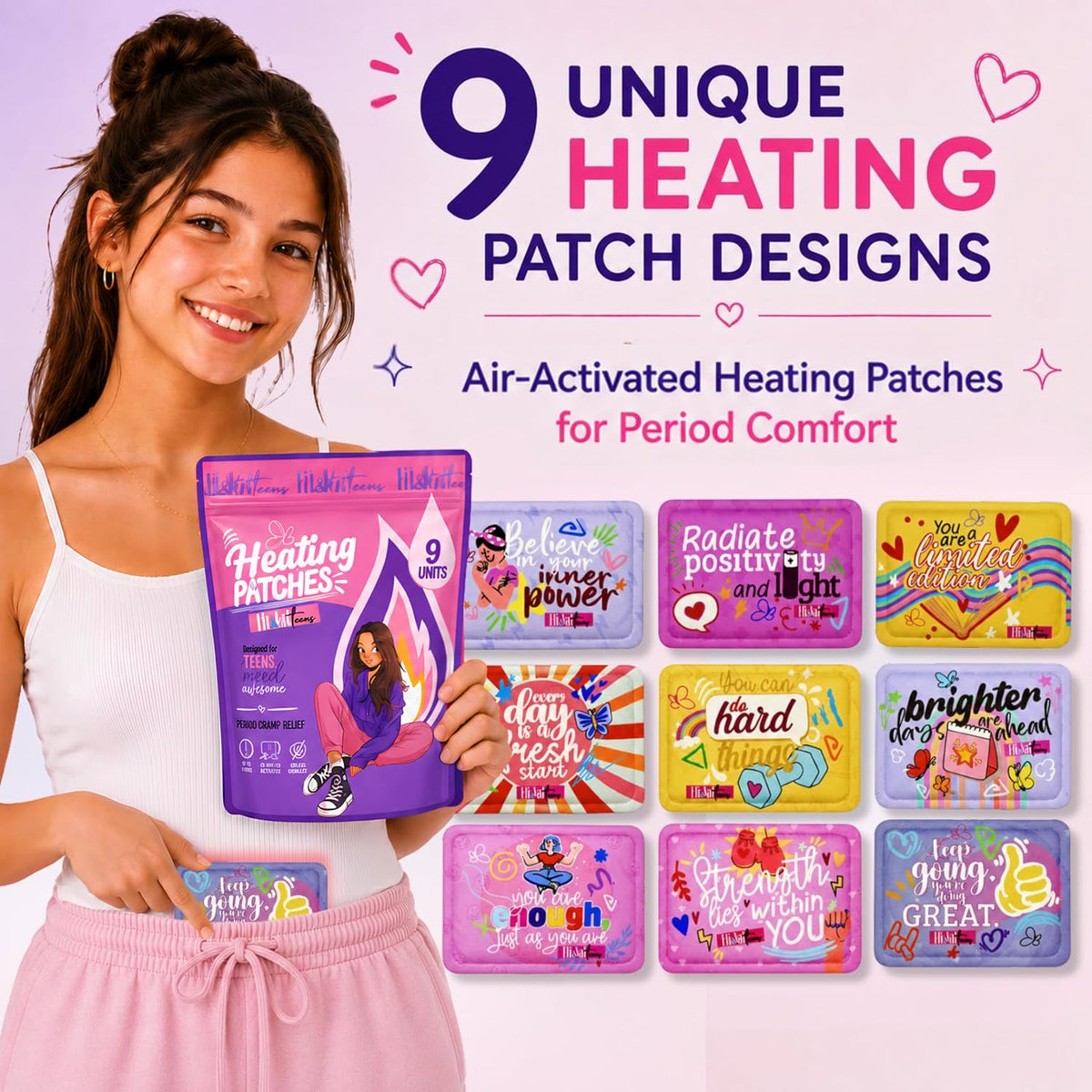Period starter kit for tweens with heating patches